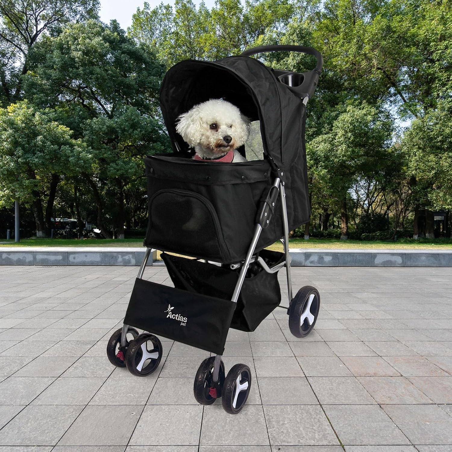 Pet Travel Stroller Dog Cat Pushchair Foldable Swivel Wheels 15kg Black