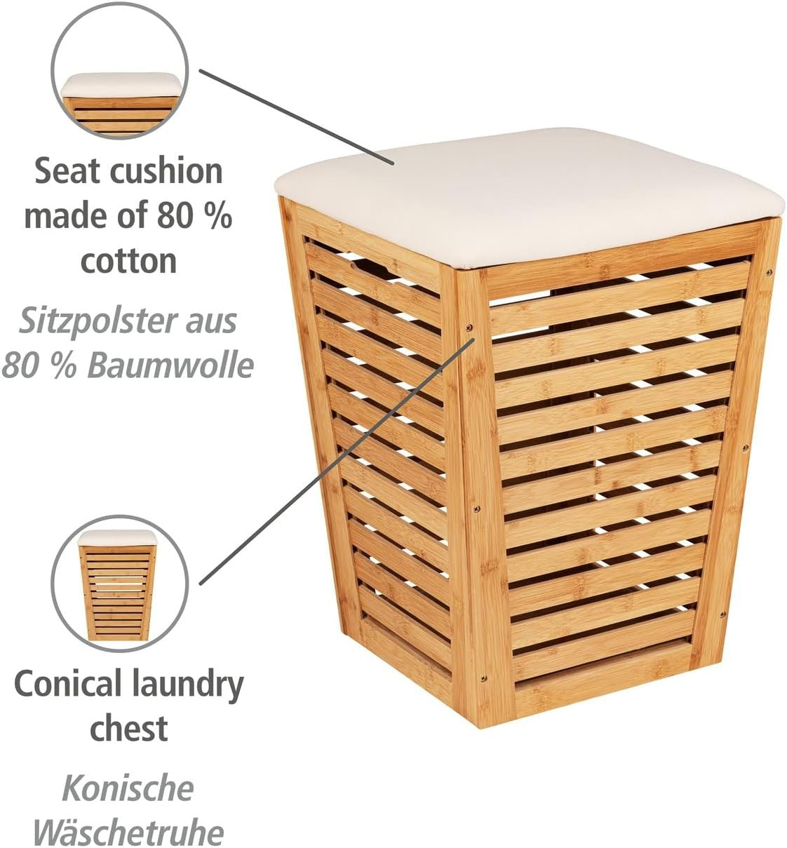 Bamboo Laundry Hamper with Seat Cushion 55L | Modern Ventilated Storage Basket