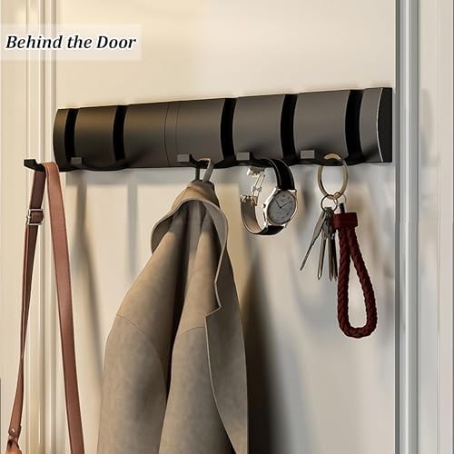 Black Wall Mounted Coat Hook Rack 6 Hooks Foldable Heavy Duty Metal Hanger