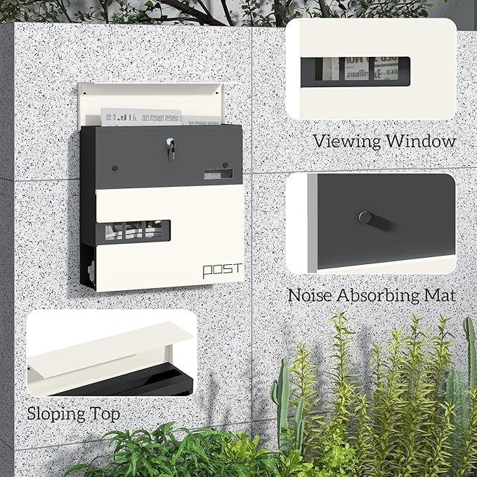 Wall Mounted Lockable Mailbox White Steel | Post Box with Viewing Window