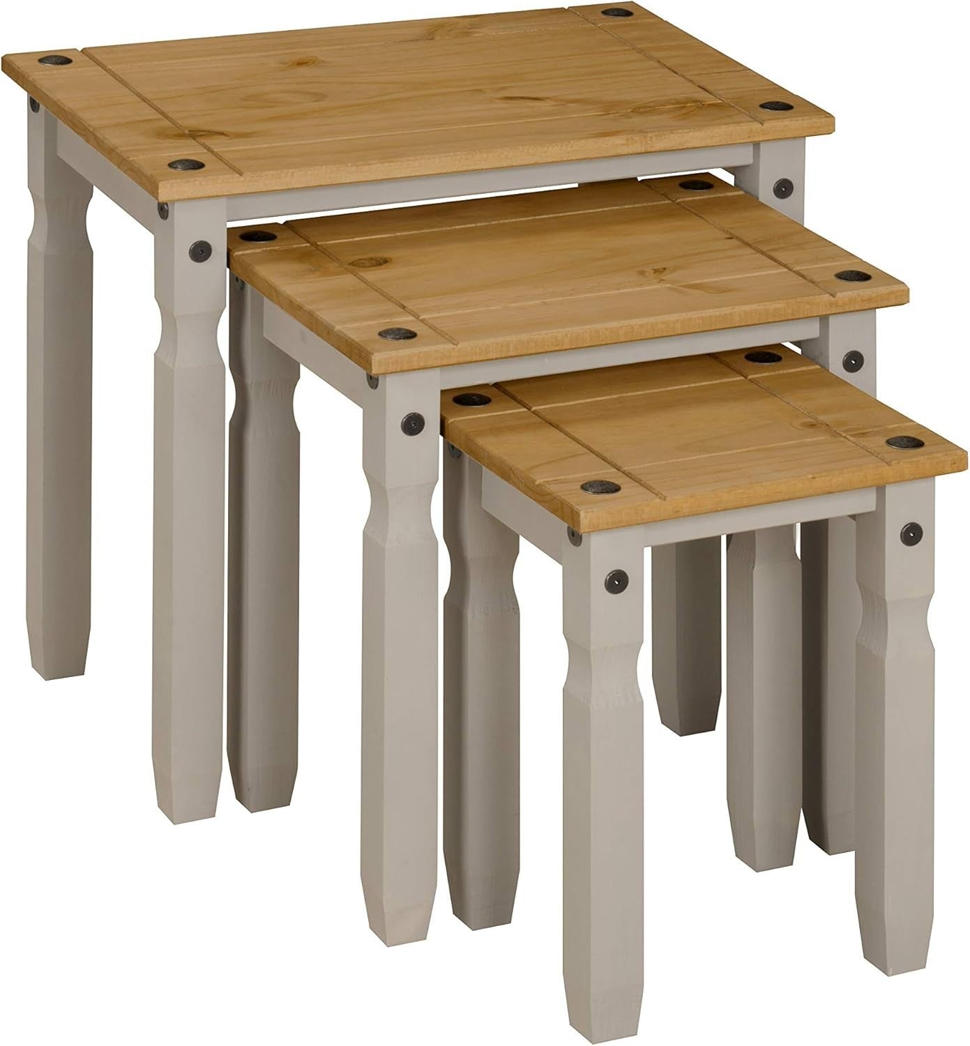 Grey Waxed Pine Nest of 3 Tables Living Room Side End Coffee Set Furniture