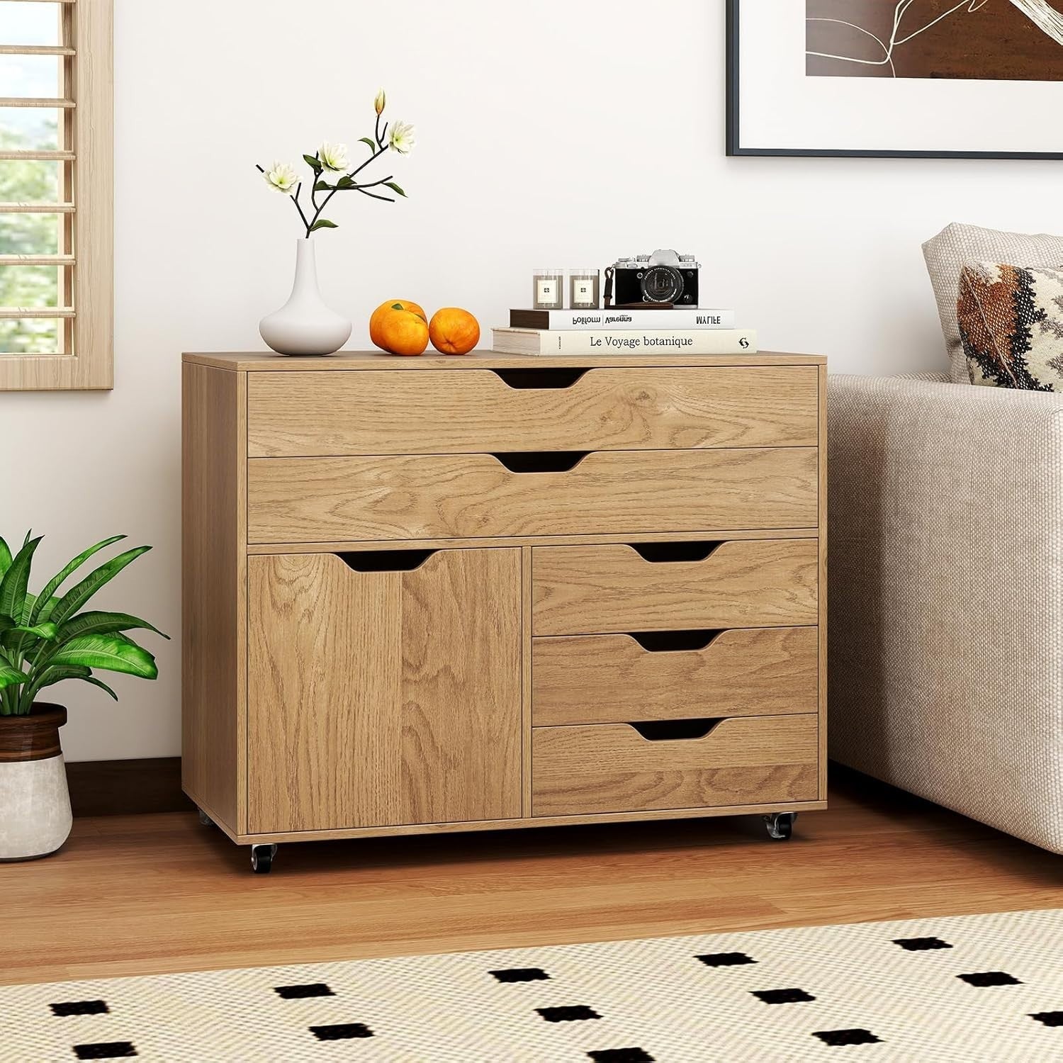 Natural Mobile File Cabinet 5 Drawer Side Cupboard Rolling Printer Stand
