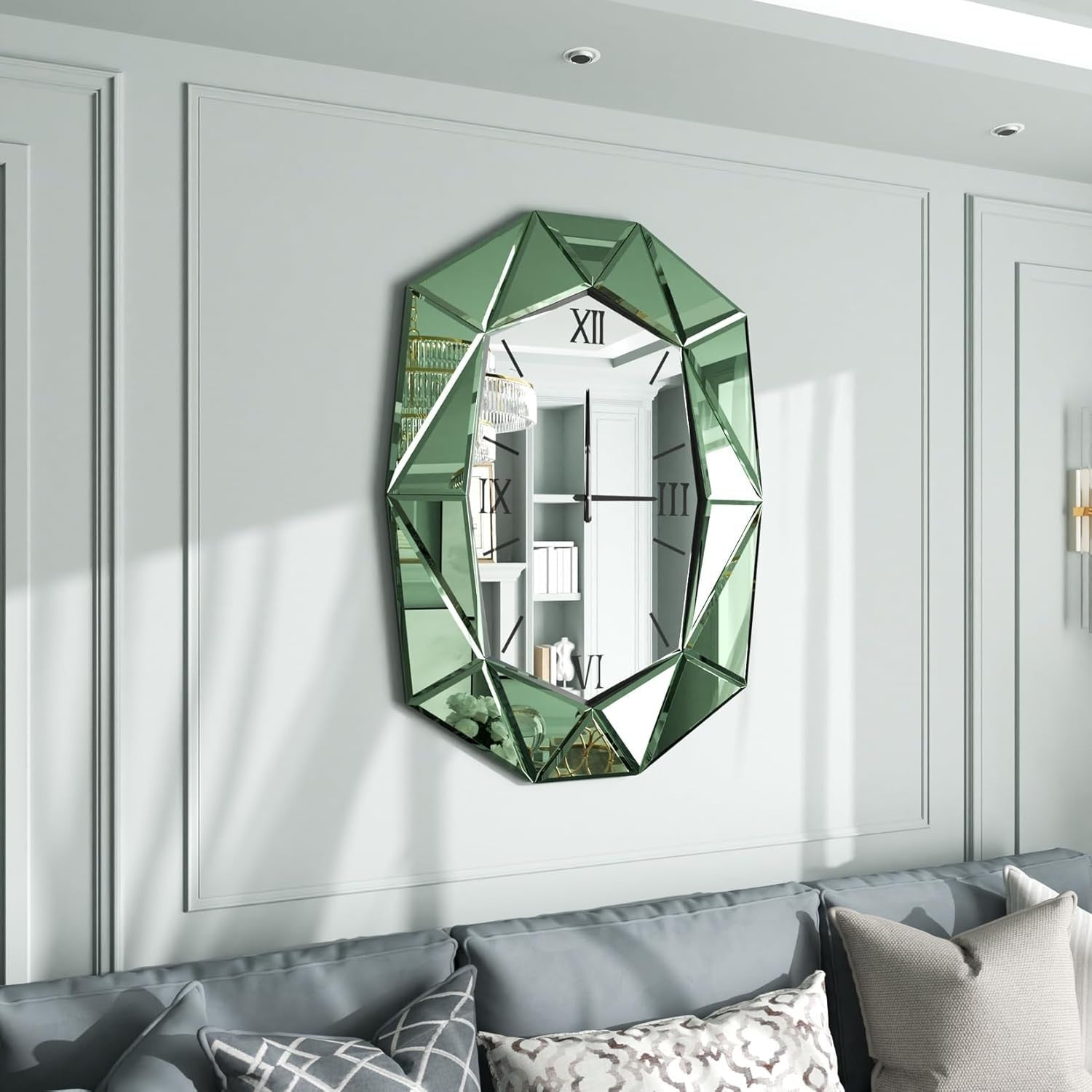 Beveled Glass Wall Clock Mirror 72x100cm Roman Numerals Silent Decor