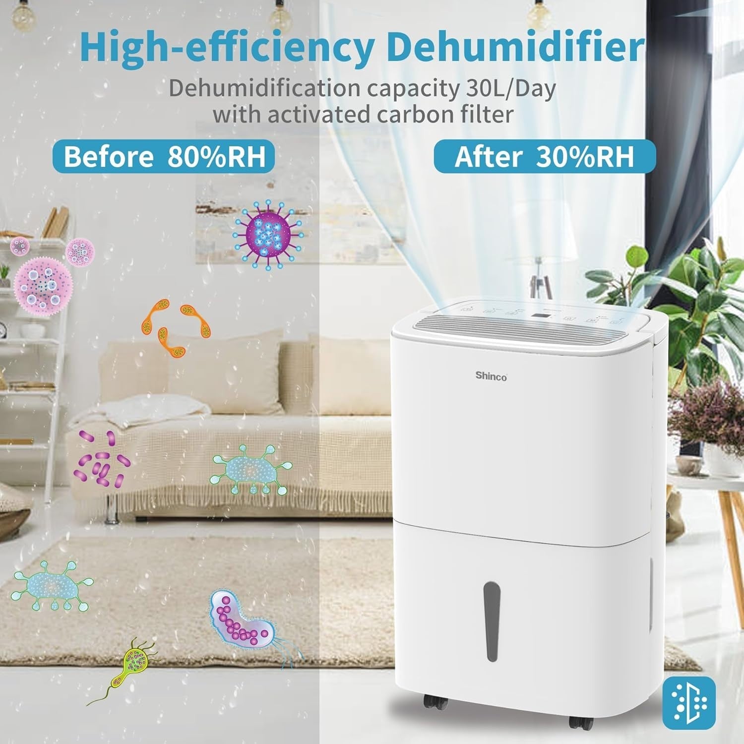 30L Smart Dehumidifier Air Purifier Large Room Continuous Drain Timer