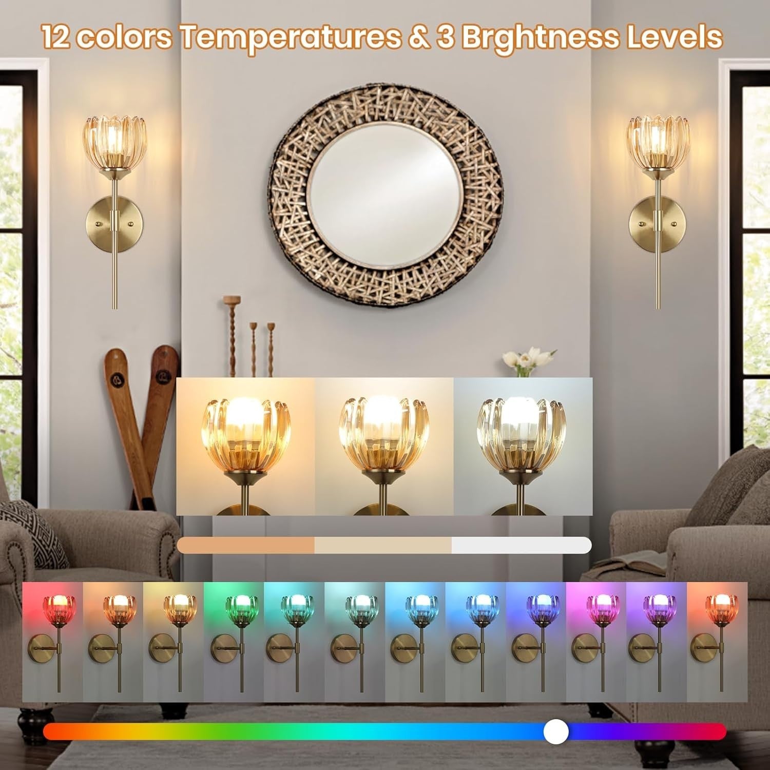 Rechargeable Wall Lights 12 Colors Remote Dimmable Amber Glass 2-Pack