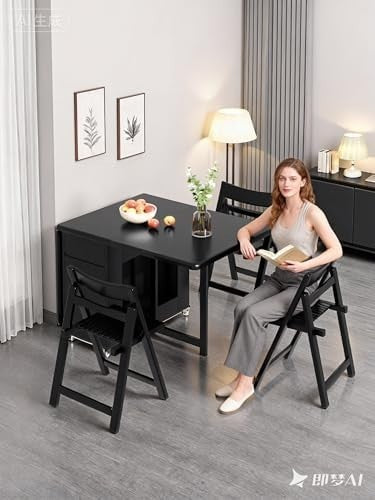 Folding Dining Table Set with 6 Chairs Storage Drawers Black & White Cushions