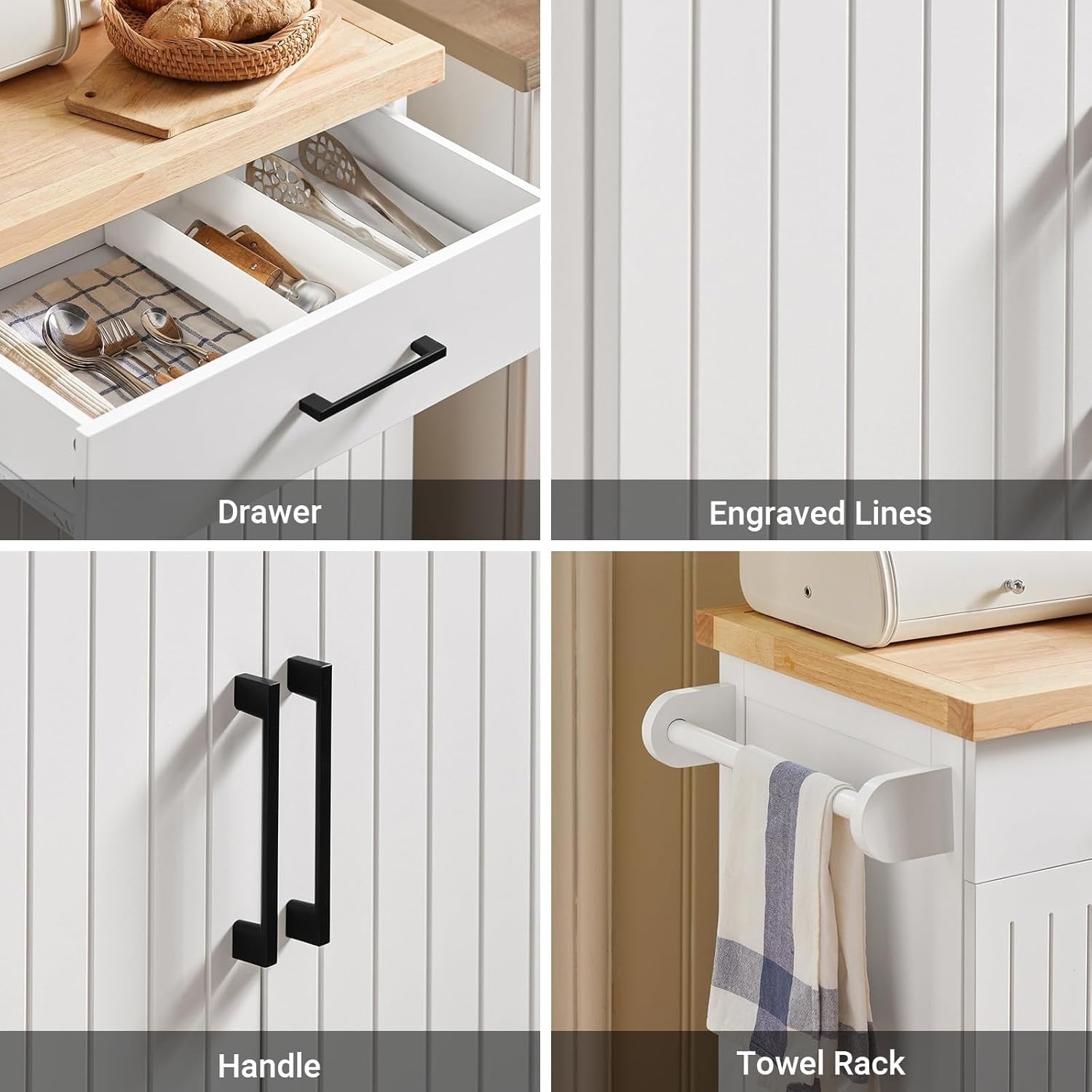 74.5x45.5x91cm White Kitchen Island Trolley Rubberwood Top