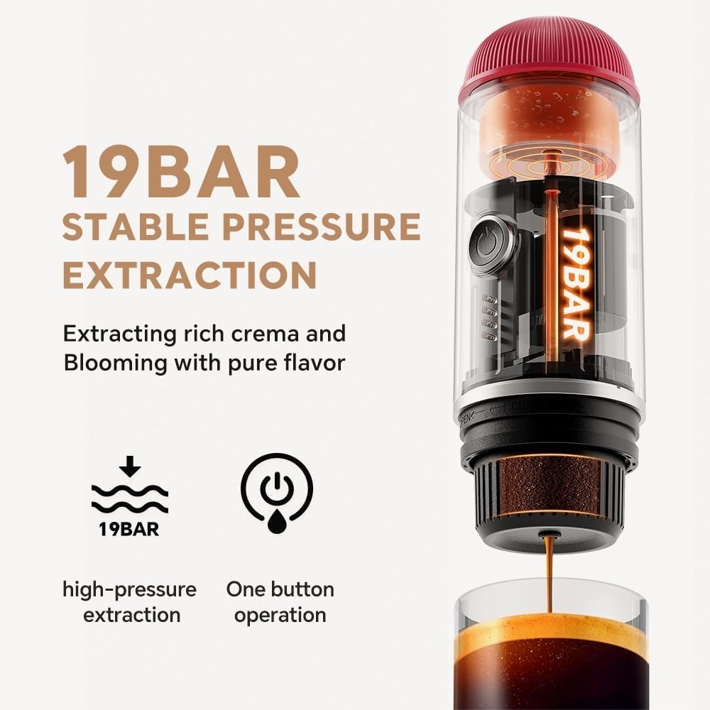 Portable Espresso Maker 19Bar Self-Heating USB-C Travel Coffee Machine Red