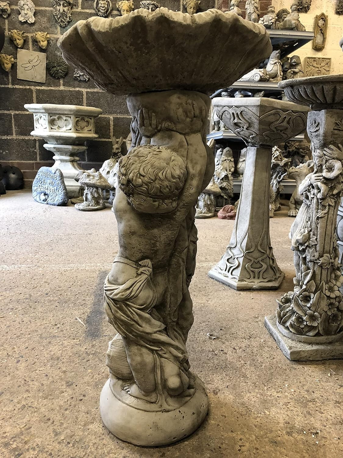 Twin Cherub Stone Bird Bath Heavy Concrete Garden Ornament Feeder Statue