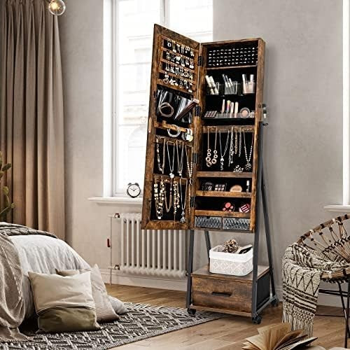 Floor Standing Jewelry Armoire Mirror Lockable Storage Drawer Wheels