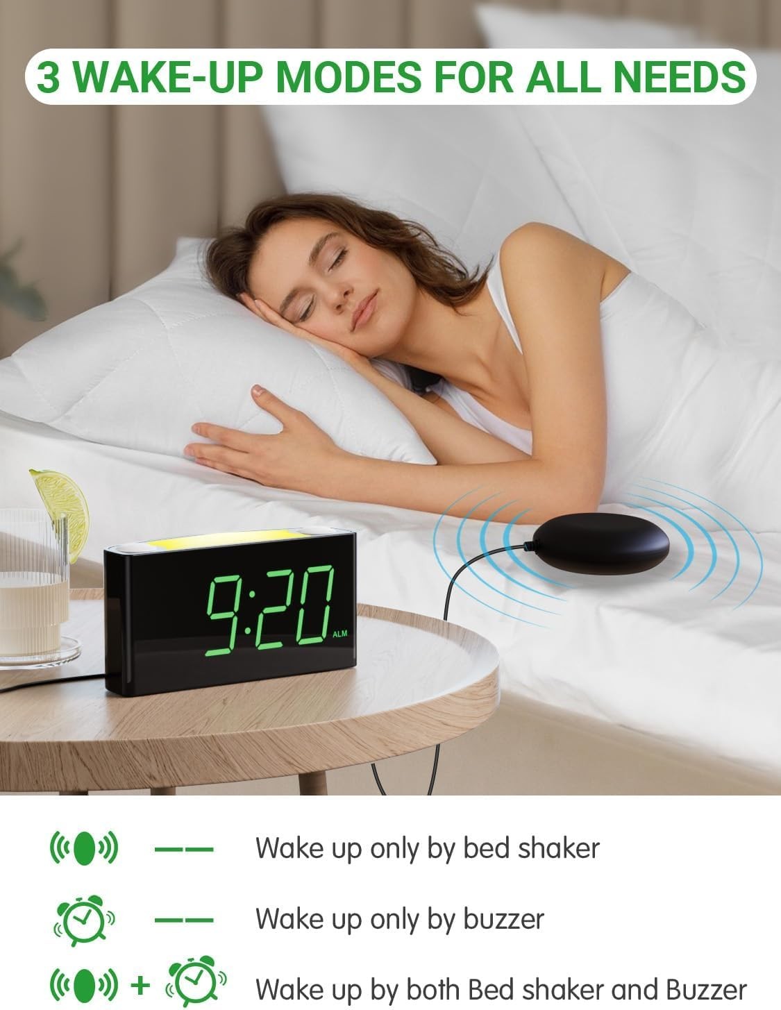 Black Extra Loud Vibrating Alarm Clock Bed Shaker Green LED Display USB