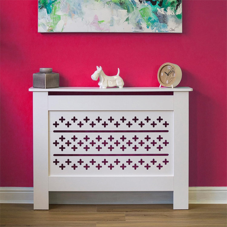 White MDF Radiator Cover with Cross Pattern Vents W109xH82cm Modern Cabinet