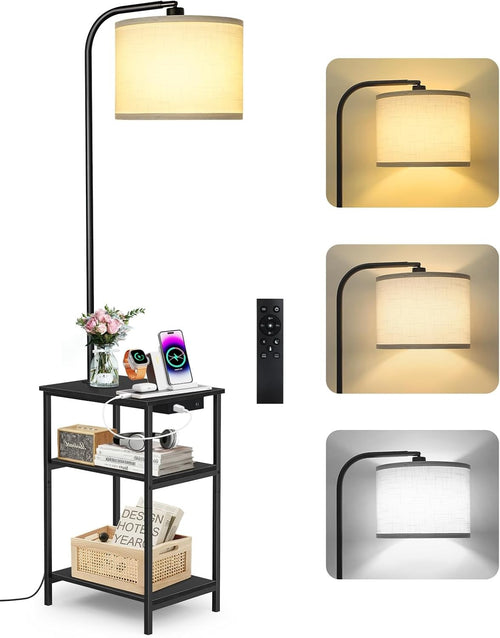 Floor Lamp with Table & Storage Drawers, Dimmable LED, USB Charging, Black