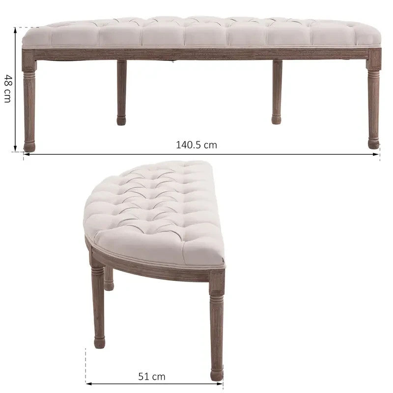 Half-Circle Tufted Ottoman Bench Padded Seat Antique Wood Accent 140cm