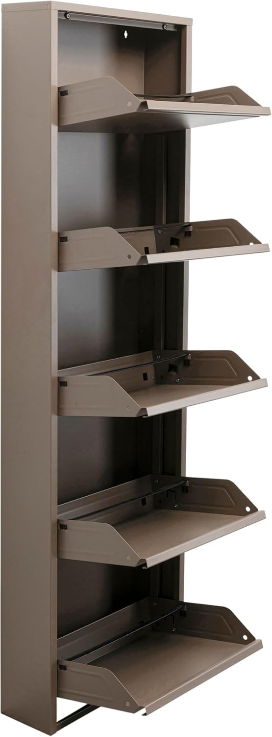 Slim 5-Drawer Shoe Cabinet Taupe– Space-Saving Metal Tilt Rack 170x50x15cm