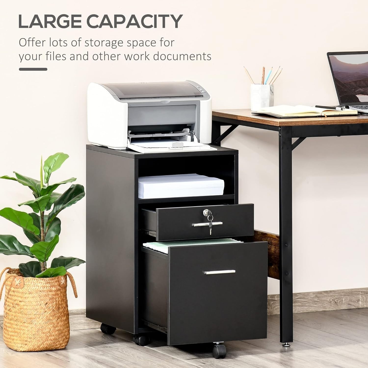 Black Lockable Mobile File Cabinet 39x40x65cm A4 Letter Storage