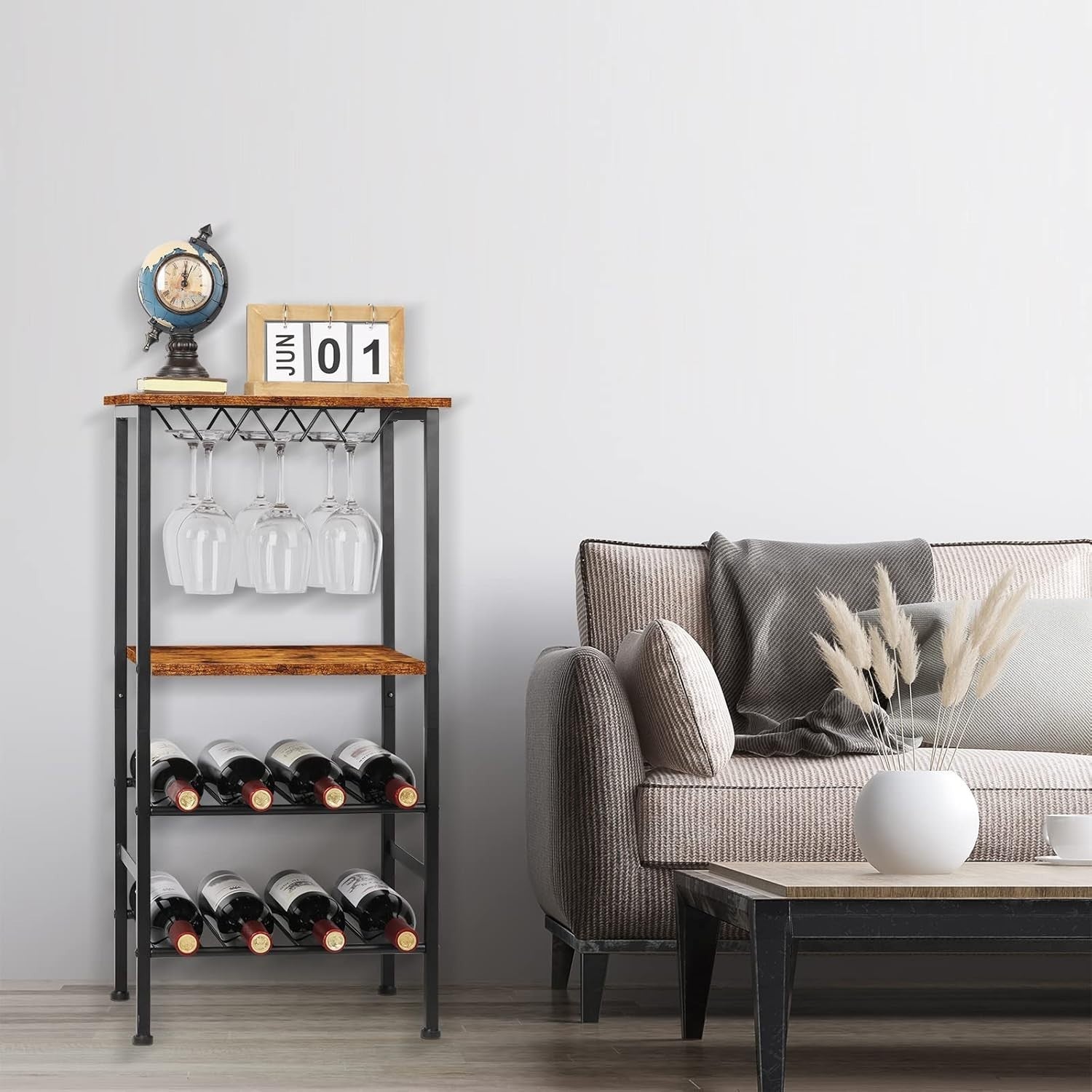 4-Tier Wine Rack with Glass Holder Rustic Bar Storage Shelf Free Standing Unit