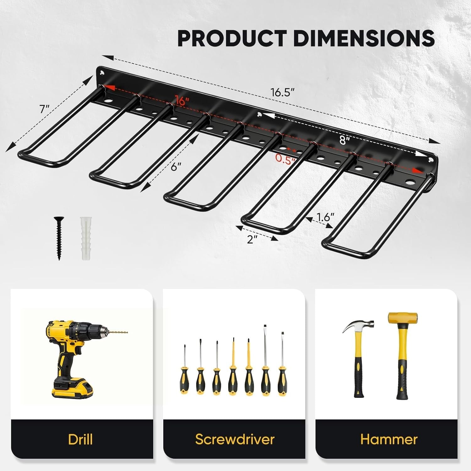 Black 1-Tier Alloy Steel Floating Drill Tool Wall Organizer Rack