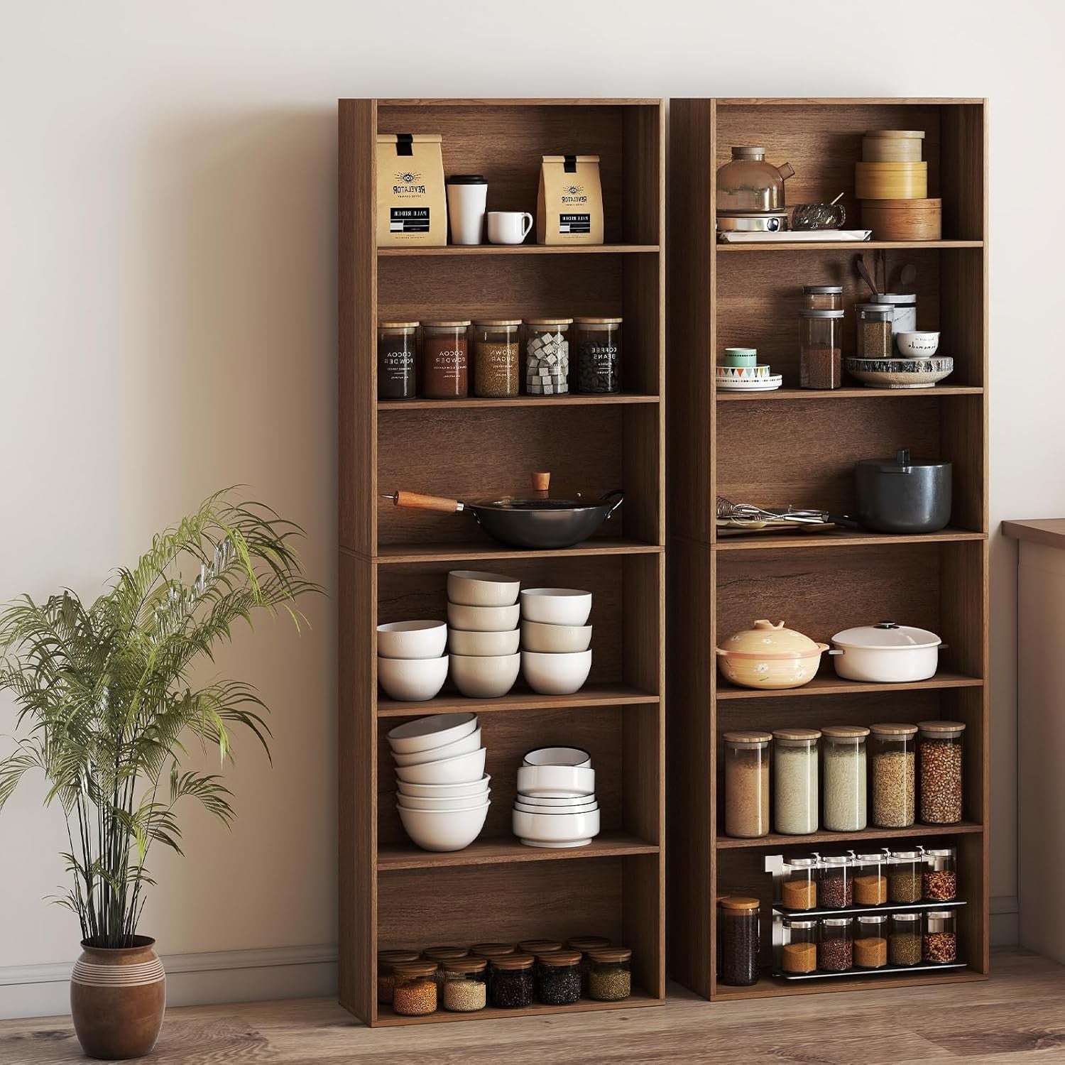 Tall 6-Tier Wooden Bookcase Storage Unit with Doors, Anti-Tip, Narrow Slim Shelf