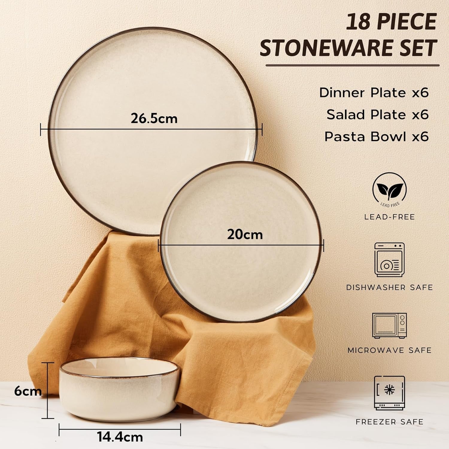 18pc Stoneware Dinner Set for 6 Cream Plates Bowls Microwave Safe