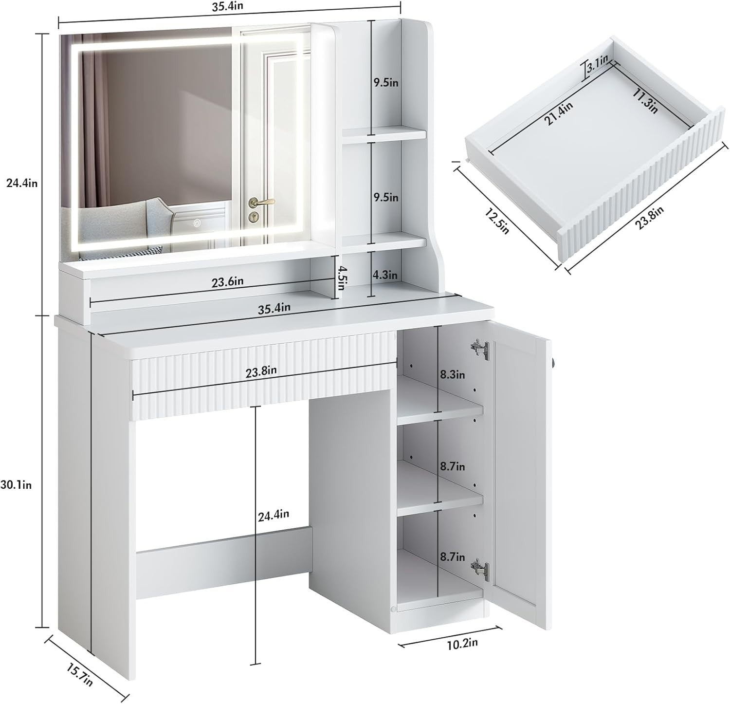 White Vanity Makeup Dressing Table Mirror Lights Storage Desk Modern