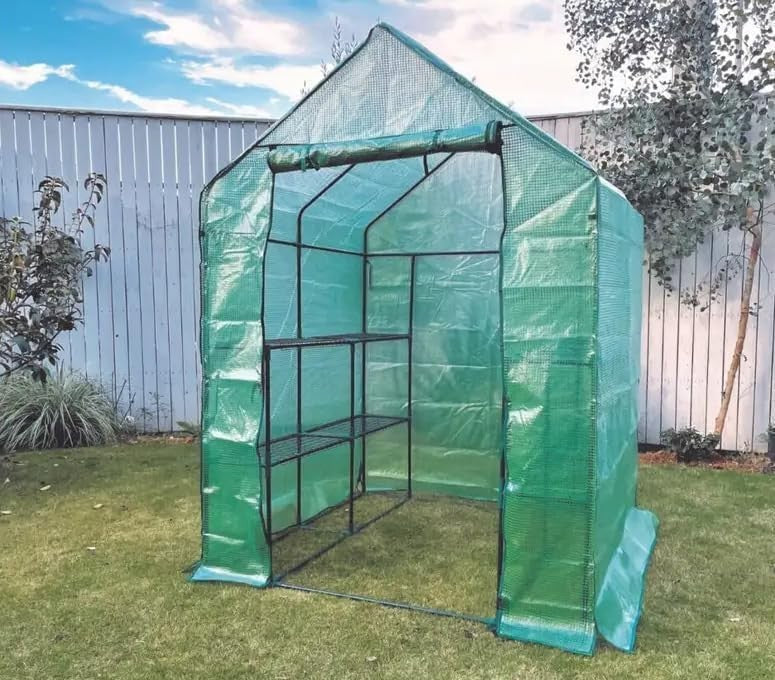 Walk-In Greenhouse with Shelves Reinforced PE Cover Roll-Up Door 143x195cm
