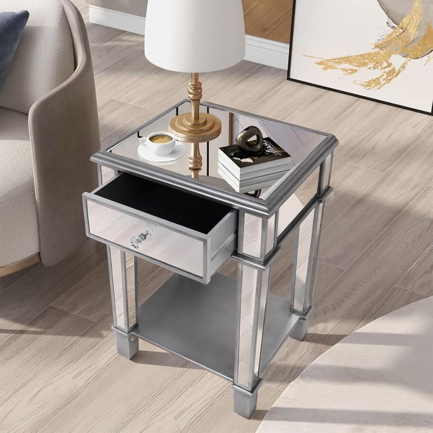 Silver Mirrored Bedside Table with Drawer & Shelf – Luxury Glass Nightstand