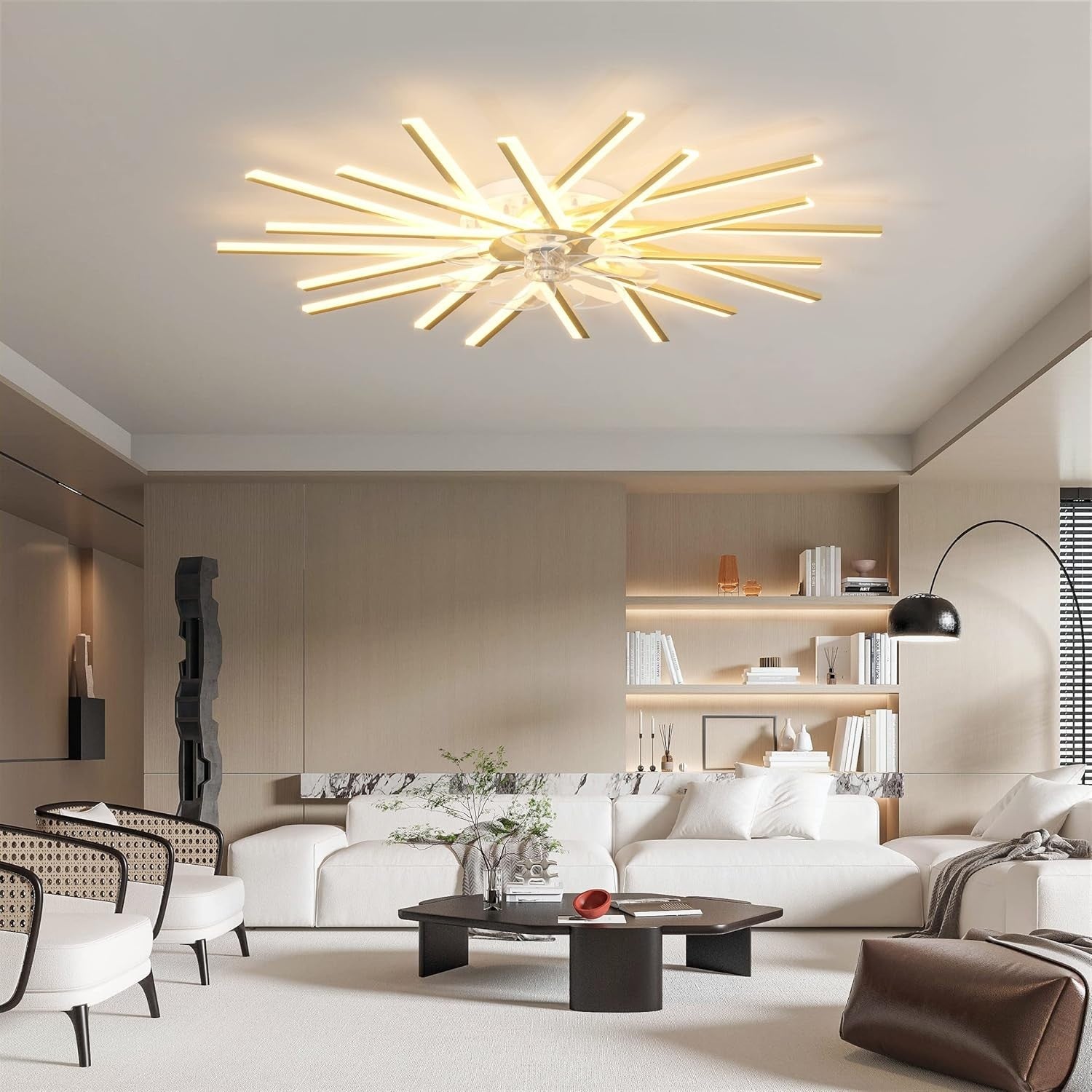 LJX 100cm Ceiling Fan with LED Light, Remote & App, 6 Speeds, Dimmable, Gold