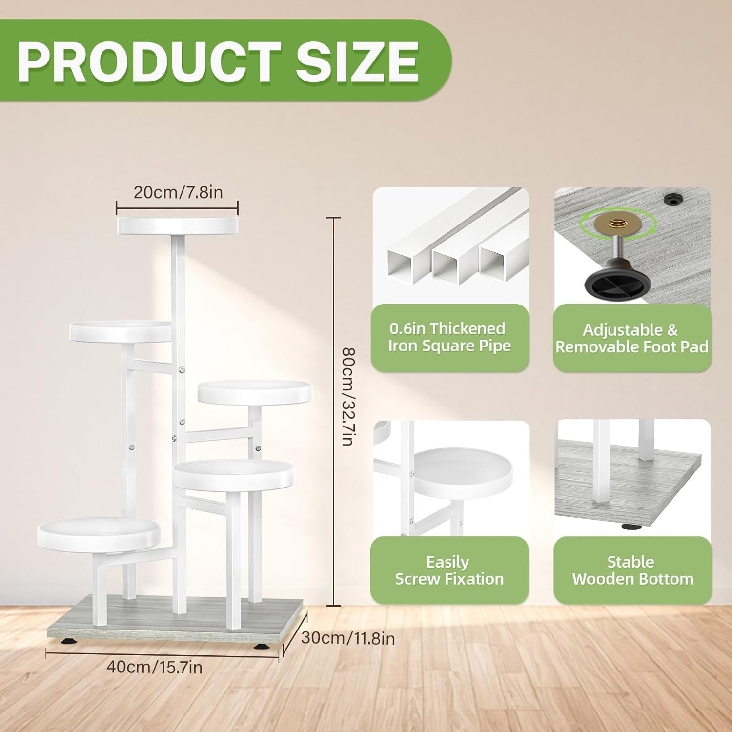 5-Tier White Metal & Wood Plant Stand, Tall Indoor Outdoor Flower Display Rack