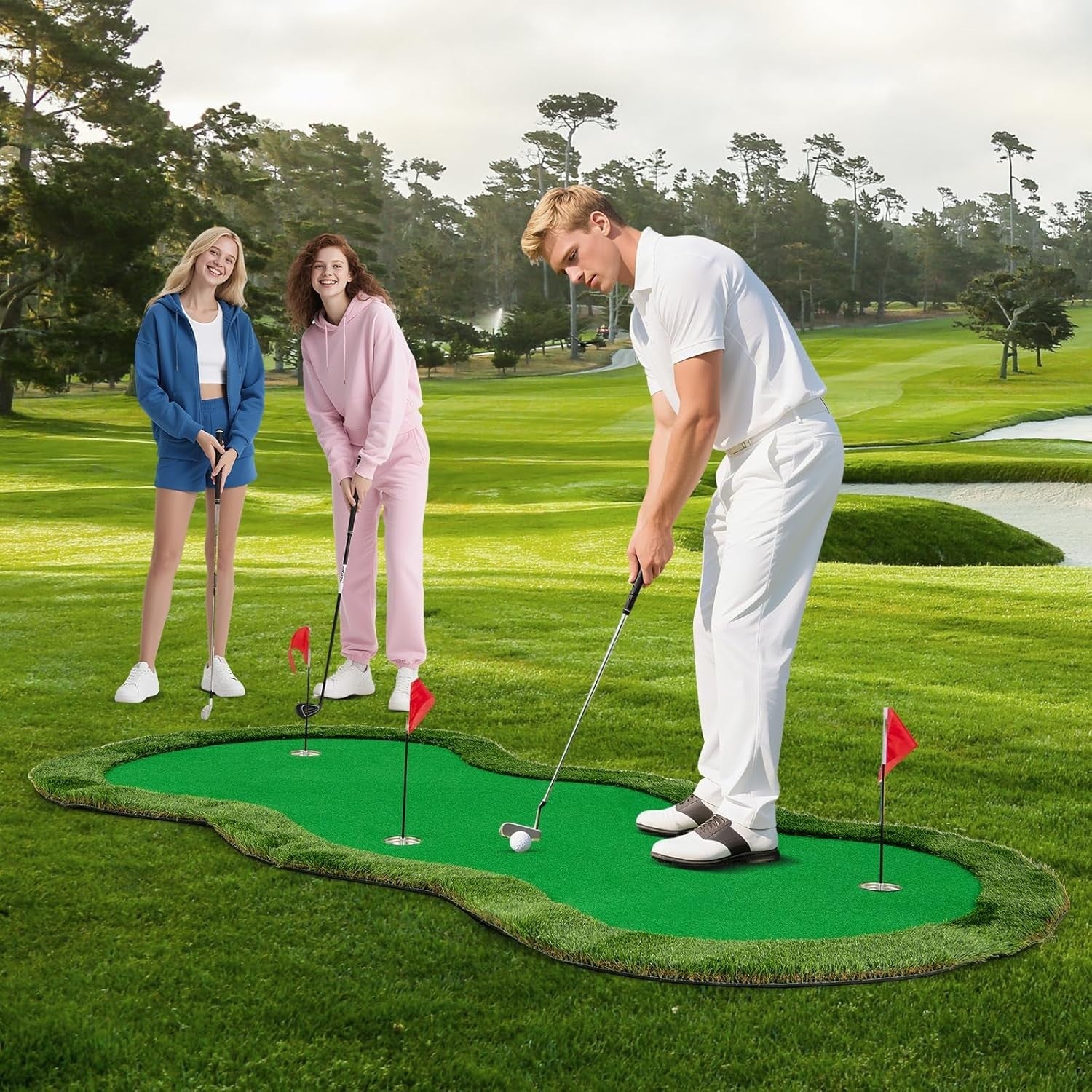 10FT Golf Putting Green Mat Indoor Outdoor Practice w/ 3 Holes & Balls