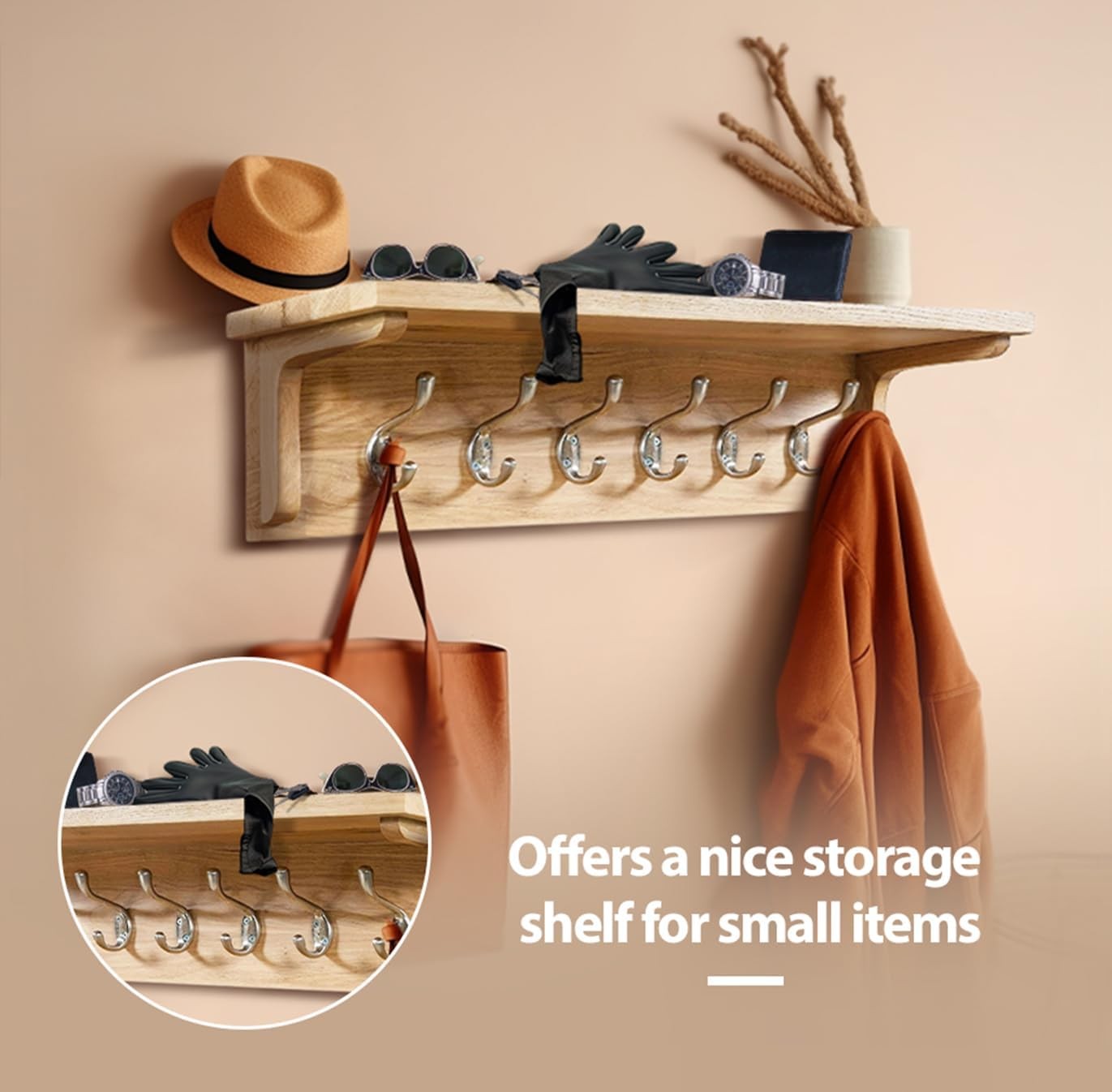 Solid Oak Wall Coat Rack with Shelf | 6 Metal Hooks for Hallway & Entryway