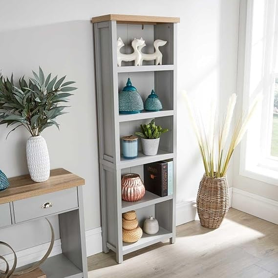 Modern Tall Bookcase with 5 Shelves & Drawer – Oak & Grey Storage Unit