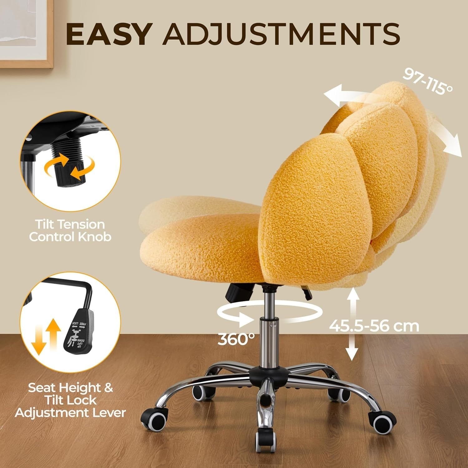 Yellow Boucle Cloud Vanity Chair Swivel Adjustable Desk Chair with Wheels