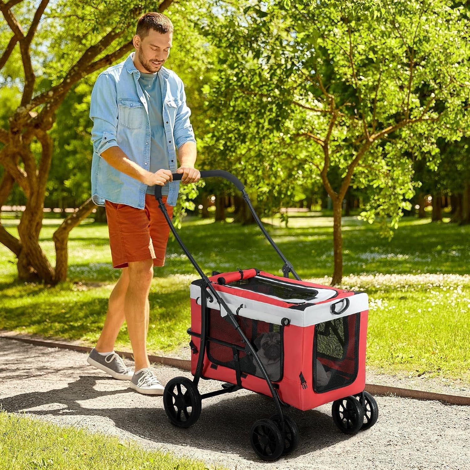 Dog Cat Pet Stroller Pushchair Detachable Carrier Foldable 4 Wheel Travel