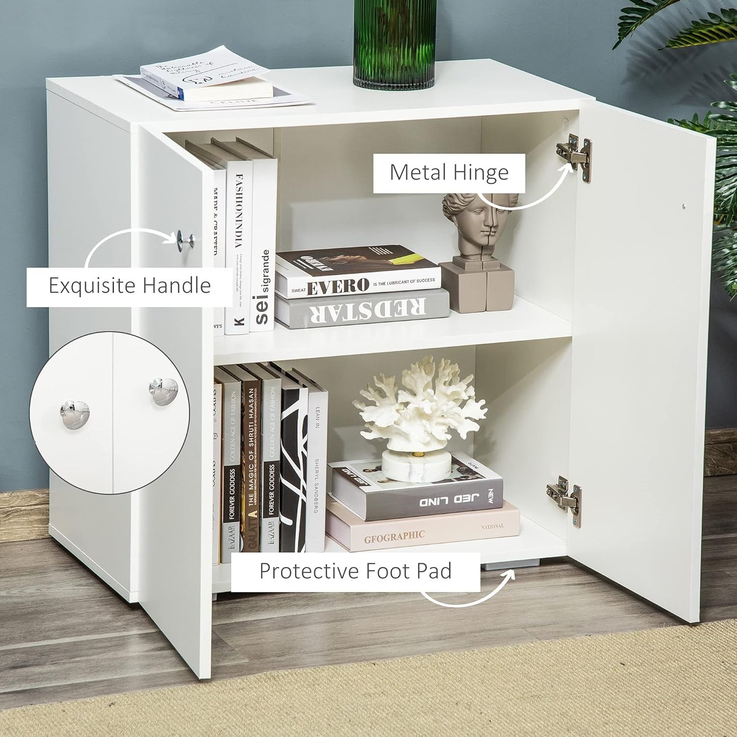 White Wooden Storage Cabinet 2 Door Sideboard Cupboard Bookcase Unit