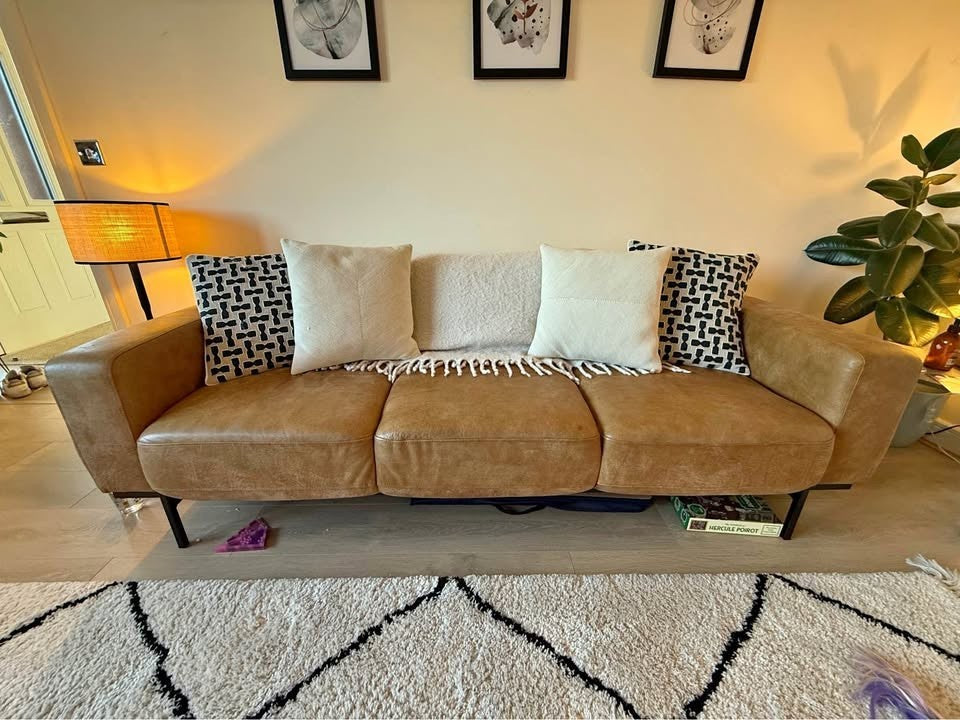 Long Rustic Tan Leather 3 Seater Sofa (PTP)