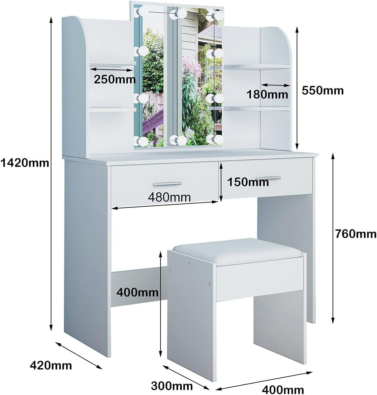 Vanity Dressing Table with Lights Mirror Stool Drawers Storage Makeup Desk