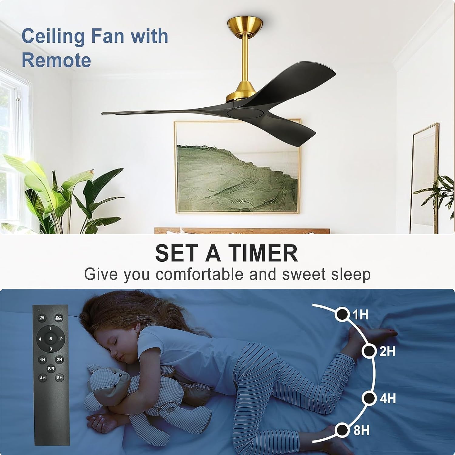 52-Inch Black Gold Ceiling Fan, Quiet DC Motor, Remote & App Control