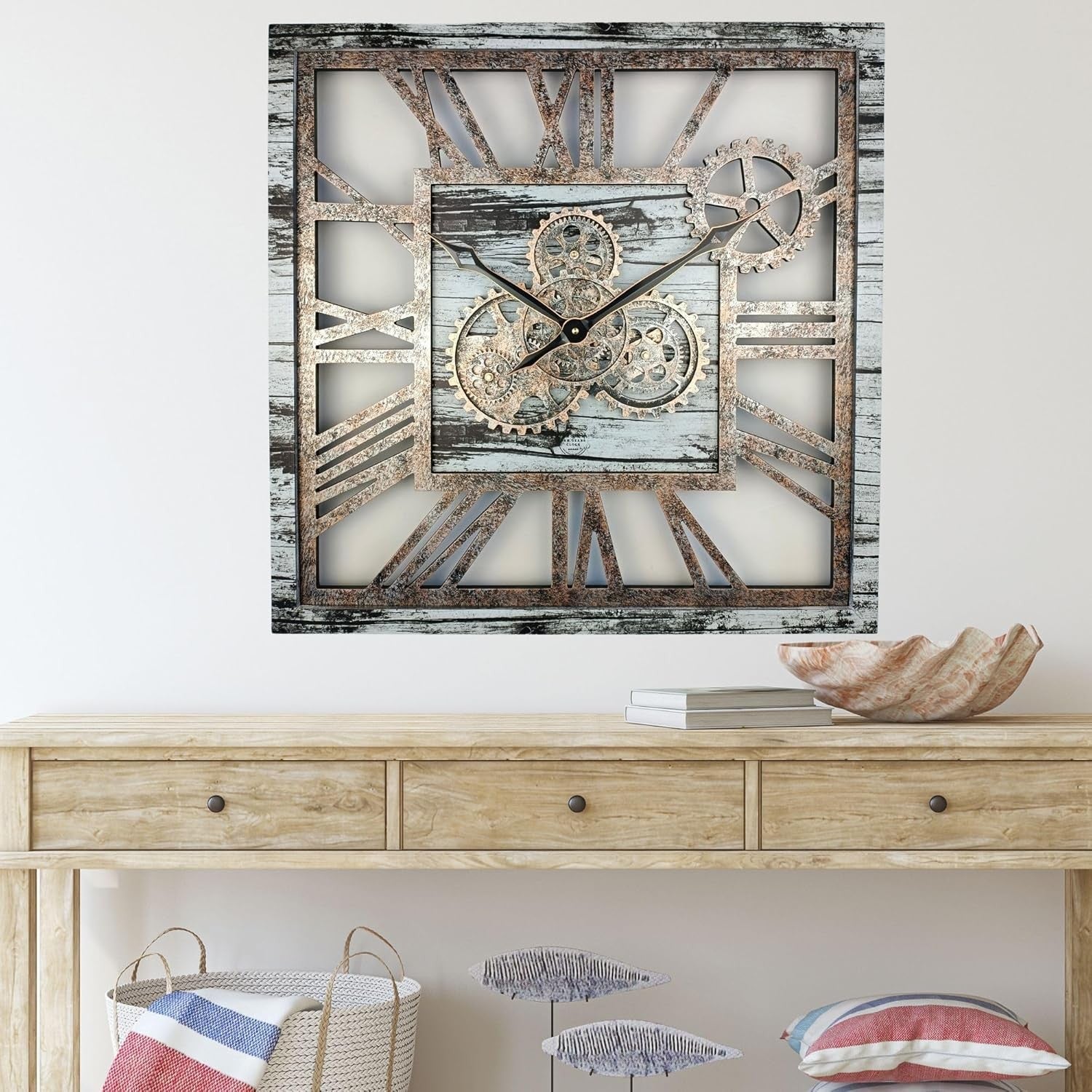 Oversized 24" Gear Wall Clock Square Grey  White Rustic Industrial Decor