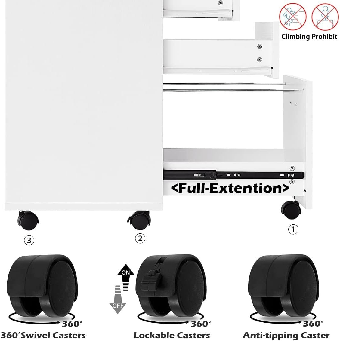 White Rolling File Cabinet 3 Drawer Locking Under Desk Letter Storage