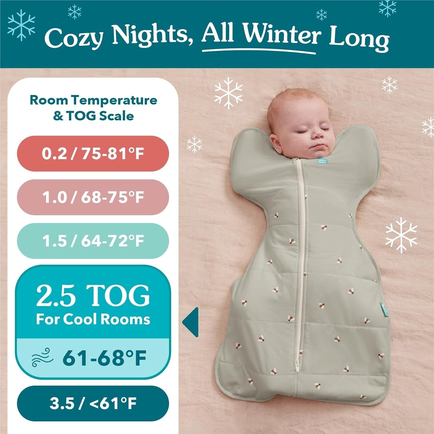Newborn Swaddle Sleep Sack 2.5 TOG Arms-Up 2.2-3.8kg White Dreamer