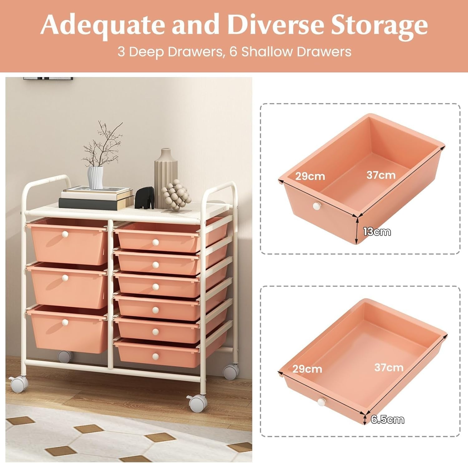 Pink 9 Drawer Mobile Storage Cart Rolling Beauty Organizer Trolley