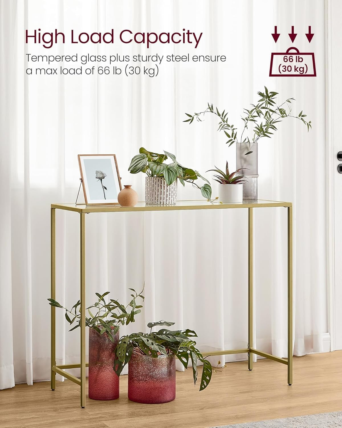 Gold Console Table Tempered Glass Top | Slim 100x35.5x80cm Metal Frame Hallway