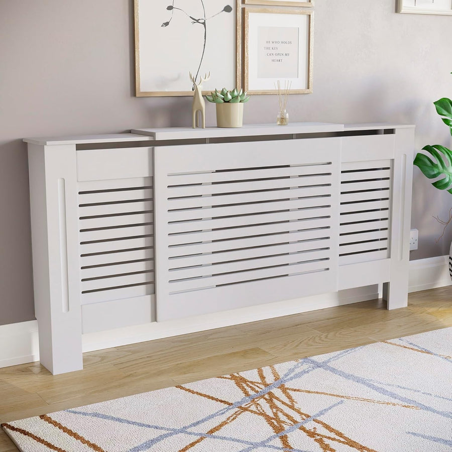 Adjustable White Radiator Cover MDF Cabinet | Modern Slatted Grill Heater Guard
