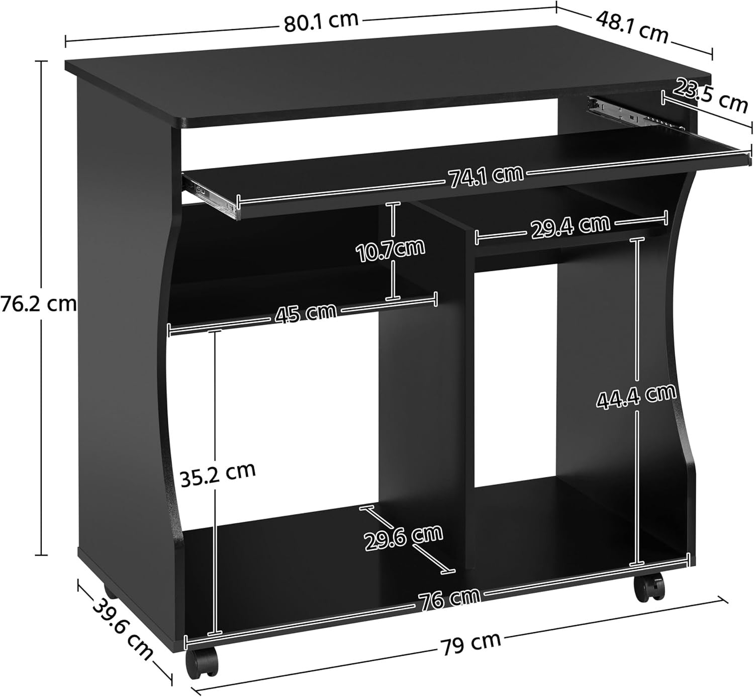 Compact Computer Desk on Wheels with Keyboard Tray Storage Shelves Small Office