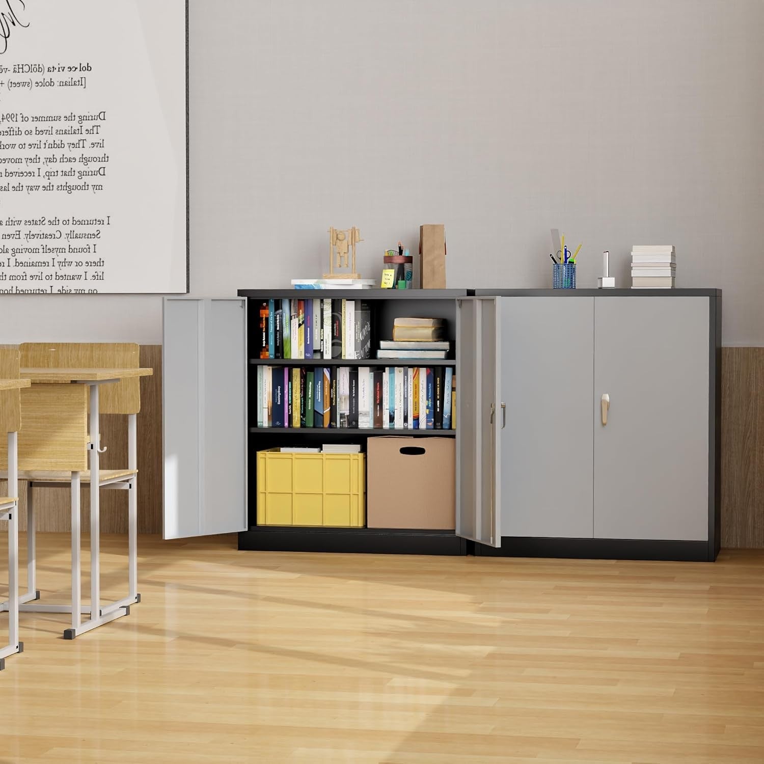 Metal Storage Cabinet  Lock Doors 2 Adjustable Shelves Office Home Grey