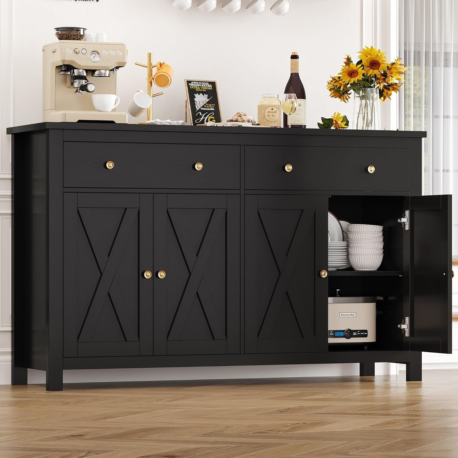 Black  Kitchen Sideboard Cabinet 3 Doors 2 Drawers Adjustable Shelves Large
