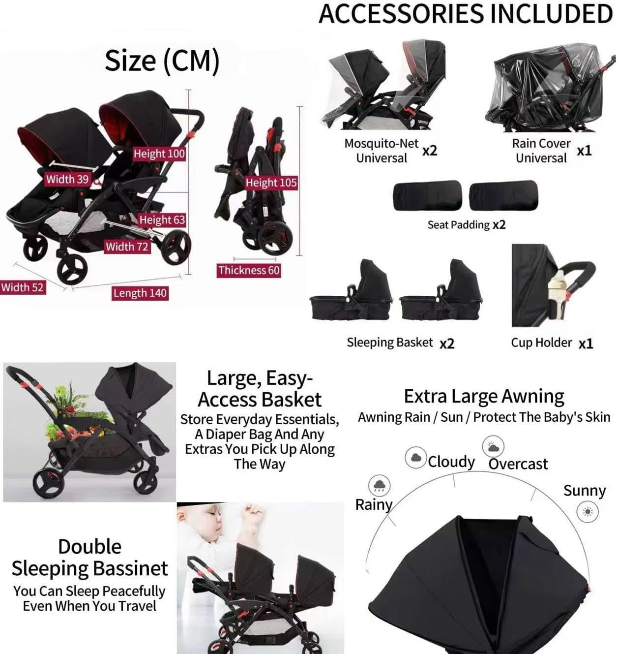 Twin Baby Pram 2 in 1 Double Pushchair Reversible From Birth to 22kg