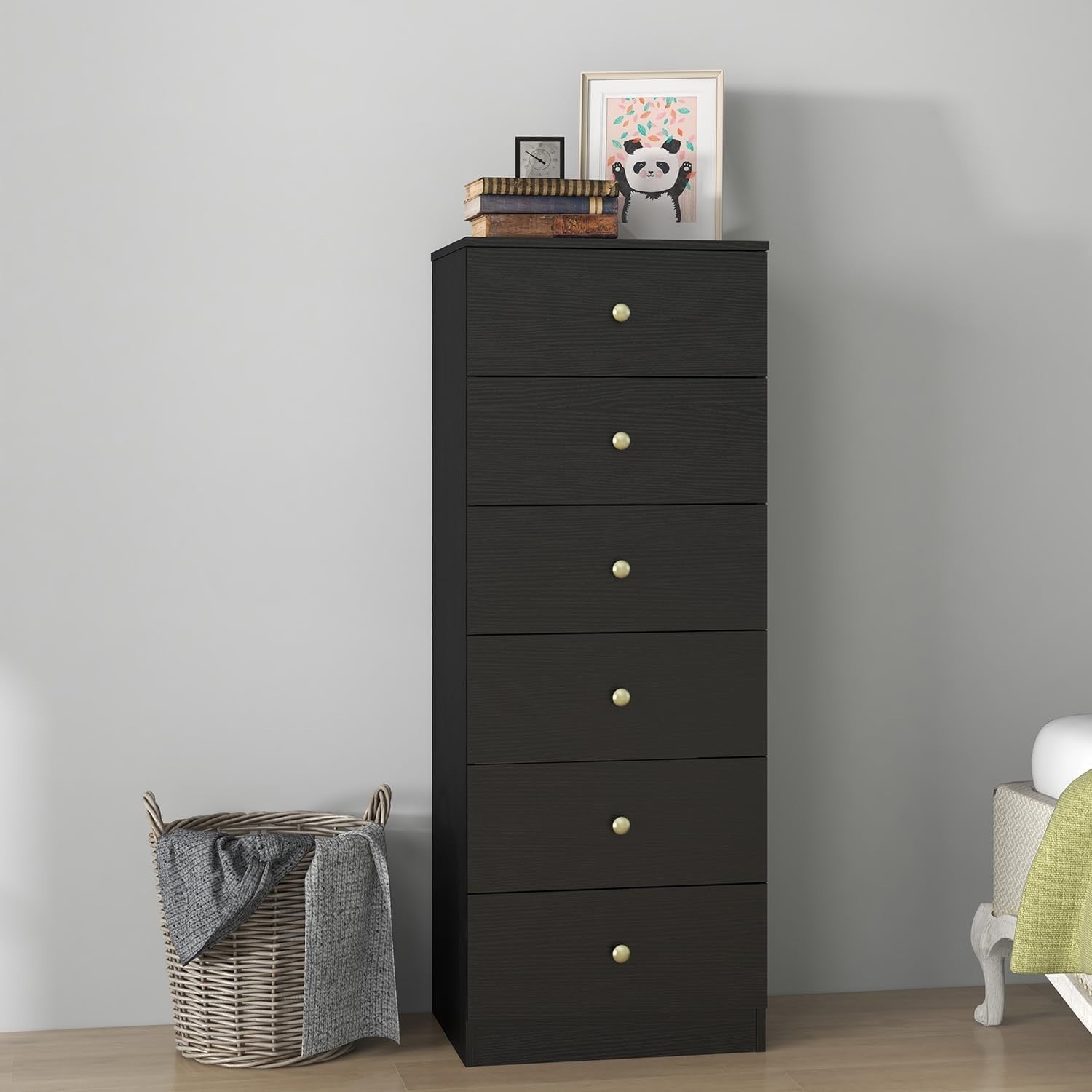 Tall Black 6 Drawer Chest | Slim Storage Cabinet with Gold Handles