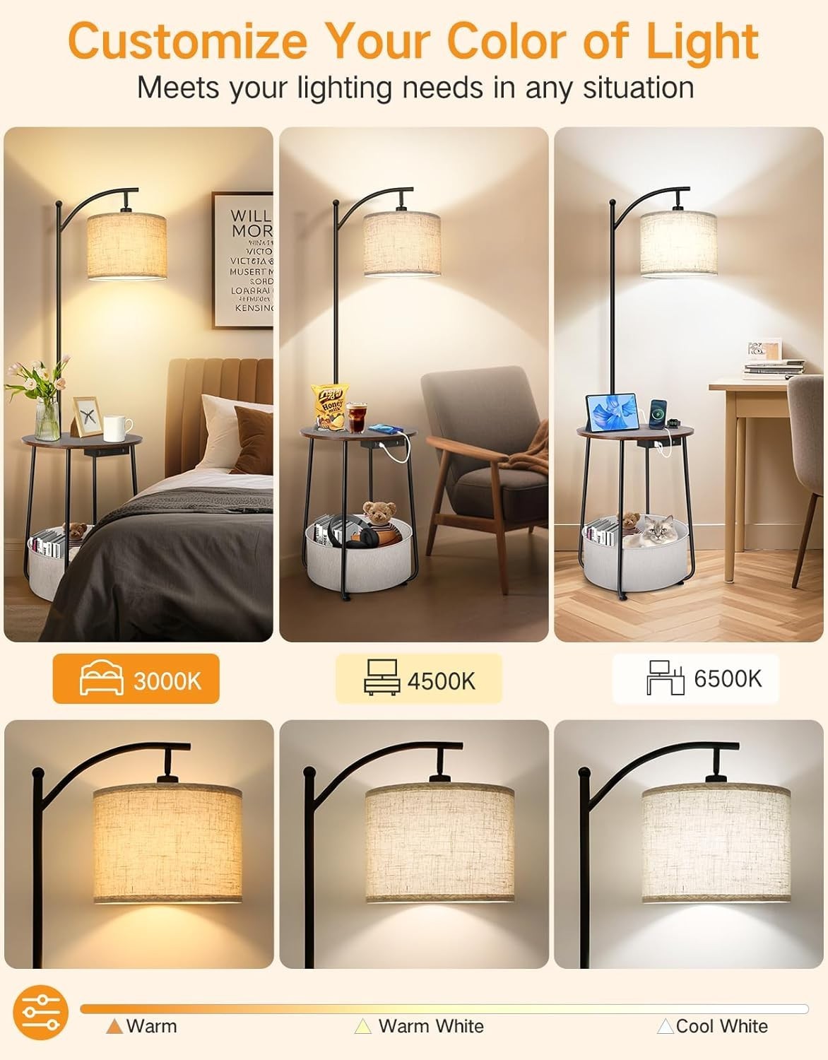 Multifunctional Floor Lamp with Table, USB Charging & 3 Light Modes